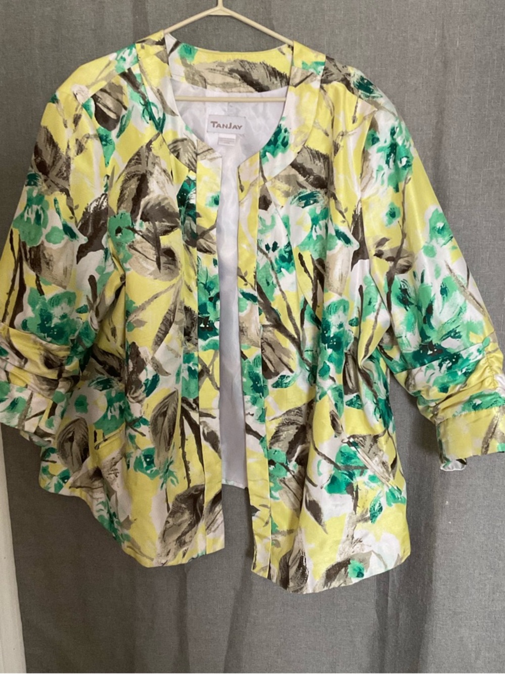 TanJay Yellow Floral Open-Front Blazer with Green and Gray Brushstrokes